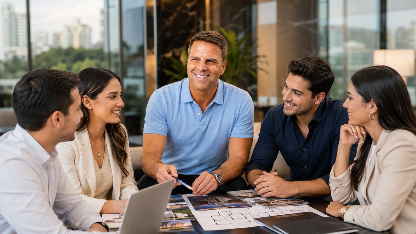 Marcel entrenando a un grupo de jóvenes agentes inmobiliarios